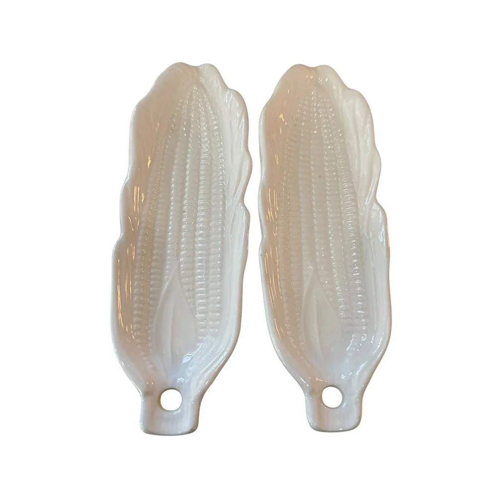 Vintage Pier 1 Japan White Ceramic Corn Dishes Set of 4 Corn Cob Serving Trays